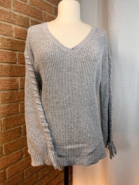 American Eagle gray V-neck sweater with sleeve accents - Medium